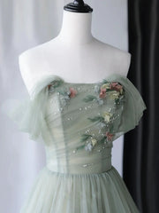 A-Line Green Tulle Long Prom Dress,Unique Formal Evening Dresses