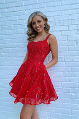 Cute Red A Line Tulle Short Homecoming Dresses with Pocket