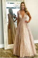 Sparkly A-Line Floor Length Gold Long Prom Dress,Party Dresses for Wedding