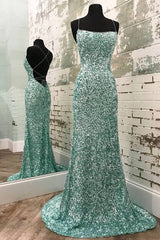 Mint Green Sparkly Mermaid Prom Dress,Long Backless Evening Dresses