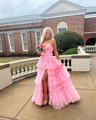 Fairy Ball Gown V Neck Pink Tulle Prom Dresses with Slit Graduation Dress