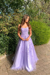 A Line Long Lace Lilac Corset Prom Dresses Floor Length Formal Dress