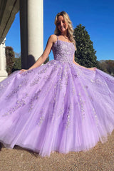 A Line Lavender Lace Prom Dresses Open Back Long Formal Dress