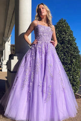 A Line Lavender Lace Prom Dresses Open Back Long Formal Dress