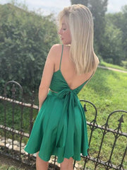 A Line V Neck Two Pieces Short Green Prom Dresses, 2 Pieces Short Green Graduation Homecoming Dresses