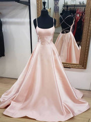 Light Pink Satin Long Prom Dress,Open Back Formal Graduation Dresses
