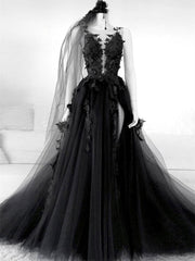 Black V Neck Backless Lace Wedding Dresses,Open Back Black Bridal Gown