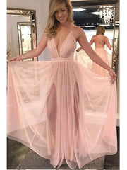 Blush Pink Flowy Side Slits Plunge V neck Sexy Party Prom Dress