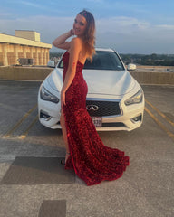 Sparkly Dark Red Sequin Formal Dresses Long Mermaid Prom Dress