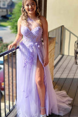 Sweetheart One Shoulder Lavender Prom Dress with Flowers,Split Graduation Dresses