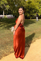 Straps V-Neck Burnt Orange Long Bridesmaid Dress Elegant Prom Dresses