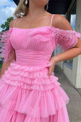 Hot Pink Cold Sleeves Tiered Tulle Party Dress Short Cocktail Dresses
