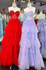 Red Sweetheart Sequins Top Multi-Layers Long Prom Dress,Tiered Formal Dresses