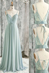 V-Back Double-Strap Sage Green Ruched Chiffon Bridesmaid Dress