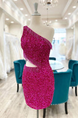 Fuchsia One Shoulder Lace-Up Sequins Homecoming Dress with Tassels