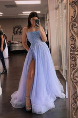 Lavender Tulle A-line Beaded Long Prom Dresses With Slit