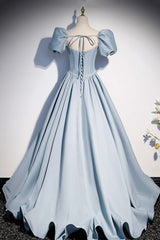 Light Blue Satin Long Prom Dress,A-Line Short Sleeve Evening Dresses