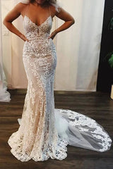 Mermaid Lace Appliques Spaghetti Straps V-Neck Ivory Wedding Dresses