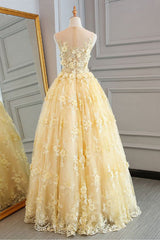 Yellow Sheer Neck Tulle Lace Floral Floor Length Prom Dresses