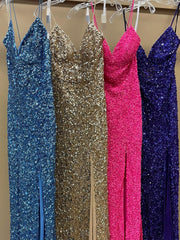 Mermaid Purple Sequin Long Prom Dress with Slit,Trumpet Formal Dresses