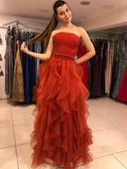 Strapless Burnt Orange Long Prom Dresses,Formal Evening Gowns