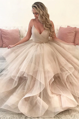 Princess Straps V Neck Ruffled Tulle Long Prom Formal Dress