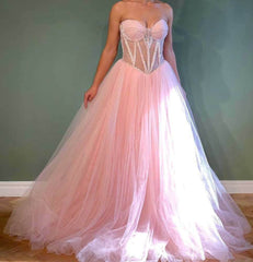 Light Pink A Line Prom Dress,Crustal Beaded Long Evening Dresses