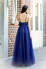 Exquisite Spaghetti Straps A line Prom Dresses Tulle Appliqued Gowns,Formal Dresses