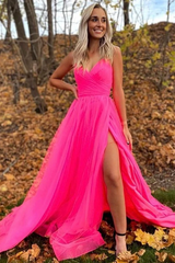 A Line V Neck Hot Pink Prom Dresses With Slit, Long Formal Evening Dresses