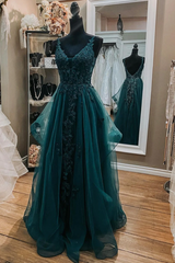 Elegant V Neck Open Back Dark Green Lace Beaded Long Prom Dresses