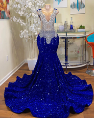 Mermaid Style Royal Blue Long Prom Dresses,Luxury Sparkly Crystals Diamond Black Girls