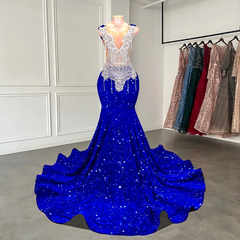 Mermaid Style Royal Blue Long Prom Dresses,Luxury Sparkly Crystals Diamond Black Girls