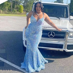 Sexy Plus Size Long Sky Blue Prom Dresses For Black Girls