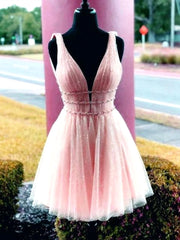 Shiny A Line V Neck Short Pink Prom Dresses, Shiny Short Pink Formal Homecoming Dresses