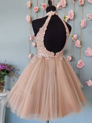 Short Halter Neck Pink Lace Prom Dresses, Halter Neck Short Pink Lace Formal Homecoming Dresses