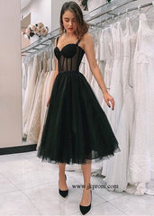 Black Polka Dot Tulle Short Prom Dresses,Tea Length Evening Gown