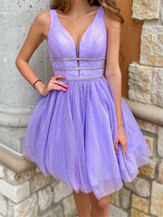 Short V Neck Purple Prom Dresses, Short V Neck Purple Graduation Homecoming Dresses