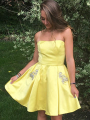 Short Yellow Prom Dresses with Pockets, Short Yellow Formal Graduation Homecoming Dresses