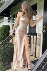 Champagne Spaghetti Straps Prom Dresses With Slit,Fitted Evening Dress
