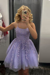 Sparkly Lavender Short Homecoming Dress Sleeveless Lace Applique Party Dresses With Tie Back