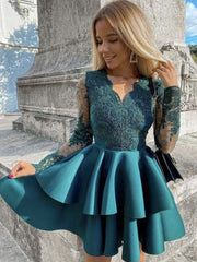 V Neck Short Green Lace Prom Dresses, Short Green Lace Formal Homecoming Dresses