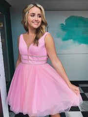 V Neck Short Pink Prom Dresses, Short V Neck Pink Graduation Homecoming Dresses