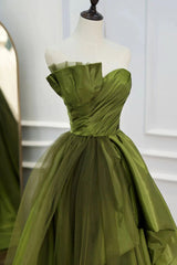 A Line Asymmetrical Strapless Green Long Prom Dress with Ruffles