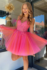 Hot Pink A-Line Tulle Short Homecoming Dress with Lace