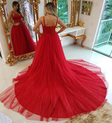 A-line Red Tulle Prom Gown with Double Shoulder Straps,Formal Dress with Long Train