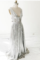 Sparkly A-line Silver Sequin Prom Dresses with V-neckline
