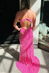 Fuchsia V Neck Double Straps Sequins Cut-Out Long Formal Prom Dress with Slit