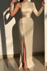 Elegant Champagne One Shoulder Long Sleeve Sheath Prom Dresses with Sequins