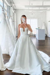 A-Line V Neck Satin Wedding Dresses with Detachable Straps