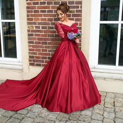 Red Satin Wedding Dress Lace Sleeves with Long Train